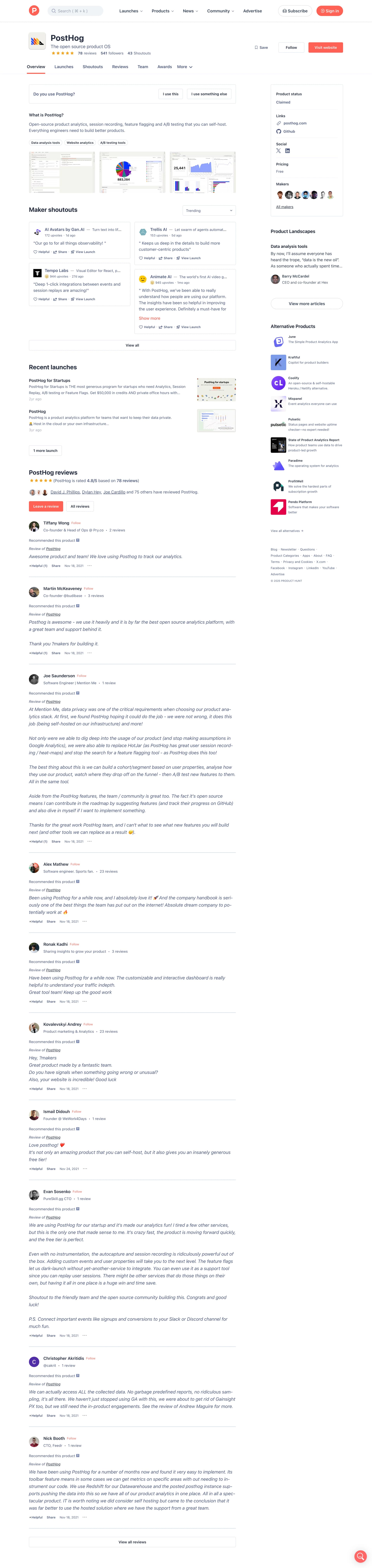 product listing pages